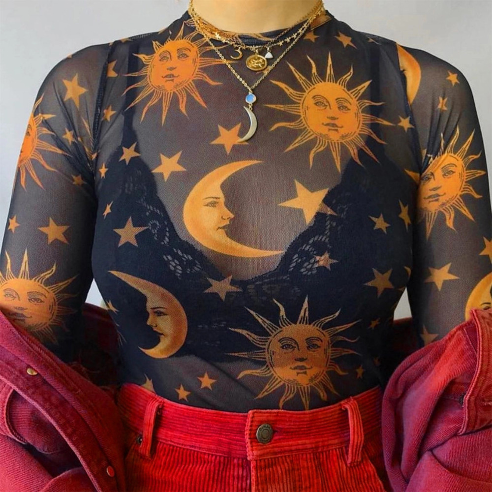 04359 | Fashion Galaxy Print Sheer Mesh Top | Black/Rust | Sizes S-L